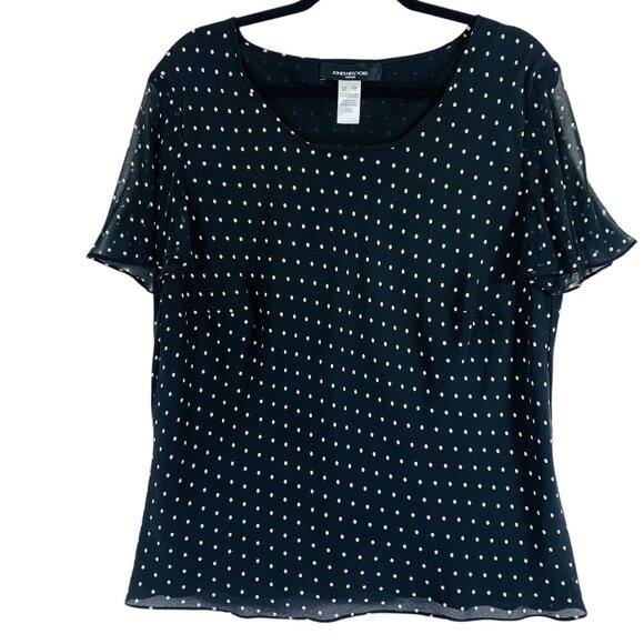 Jones new York  Blck /Wht Polka Dot Women's Short Sleeve  Blouse 100%silk sz 16W - Picture 1 of 16